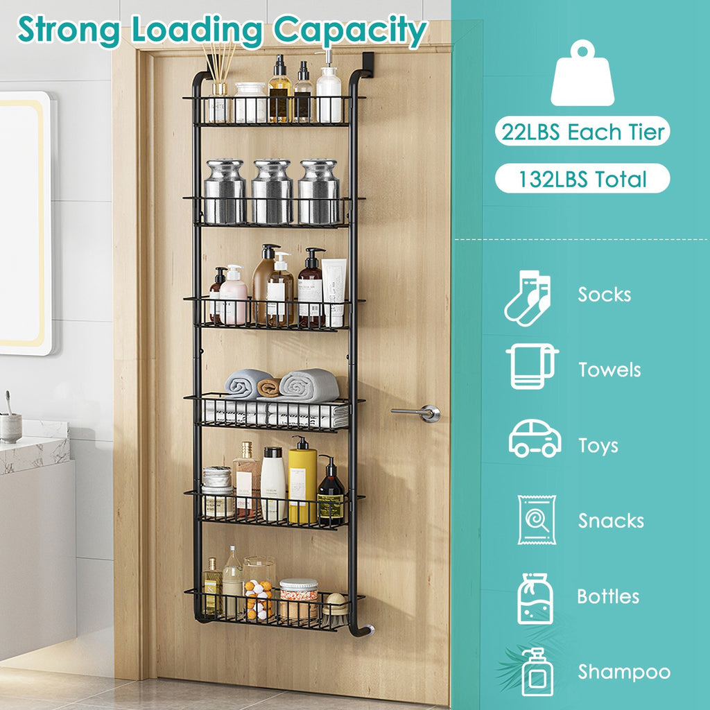 1Pc 6 Tier Over Door Pantry Organizer Hanging Hooks Door Storage Rack Carbon Steel Basket 62.99in Over Door Shelf For Kitchen Bathroom