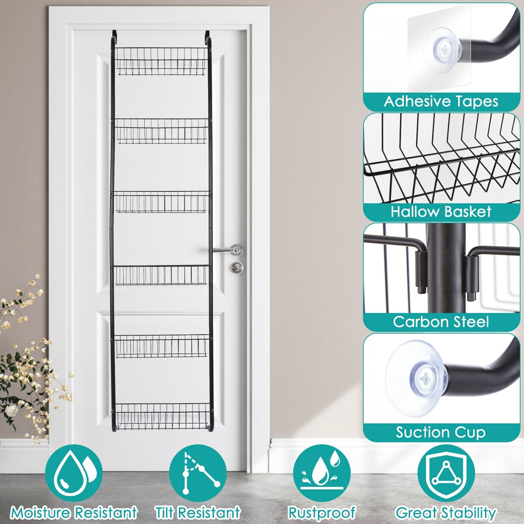 1Pc 6 Tier Over Door Pantry Organizer Hanging Hooks Door Storage Rack Carbon Steel Basket 62.99in Over Door Shelf For Kitchen Bathroom