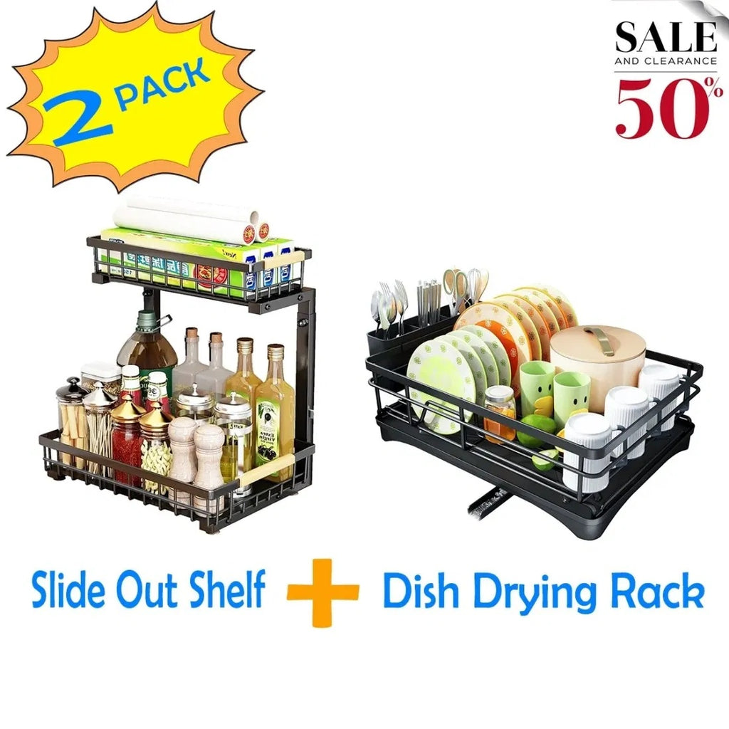 2 In Set Dish Drying Rack And Under Sink Organizer Rack, Large Dish Rack With Drainboard, 2 Tier Pull Out Cabinet Shelf For Kitchen Storage