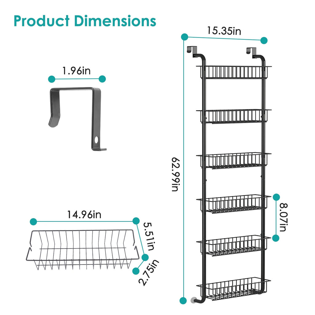 1Pc 6 Tier Over Door Pantry Organizer Hanging Hooks Door Storage Rack Carbon Steel Basket 62.99in Over Door Shelf For Kitchen Bathroom