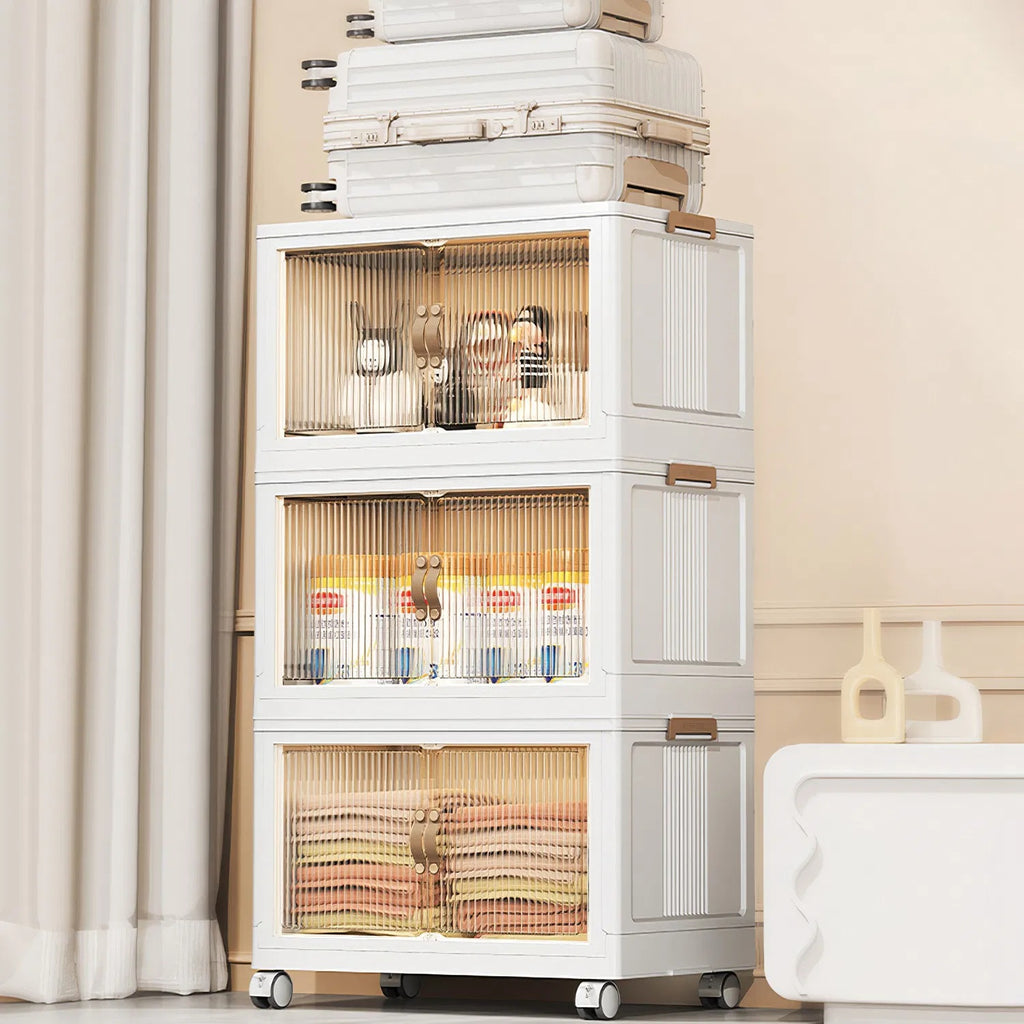 3Pcs Foldable Storage Bins With Lid Front Magnetic Door Collapsible Stackable Closet Organizer Containers With 4Pcs Rotatable Wheels 8Pcs Small Wheels