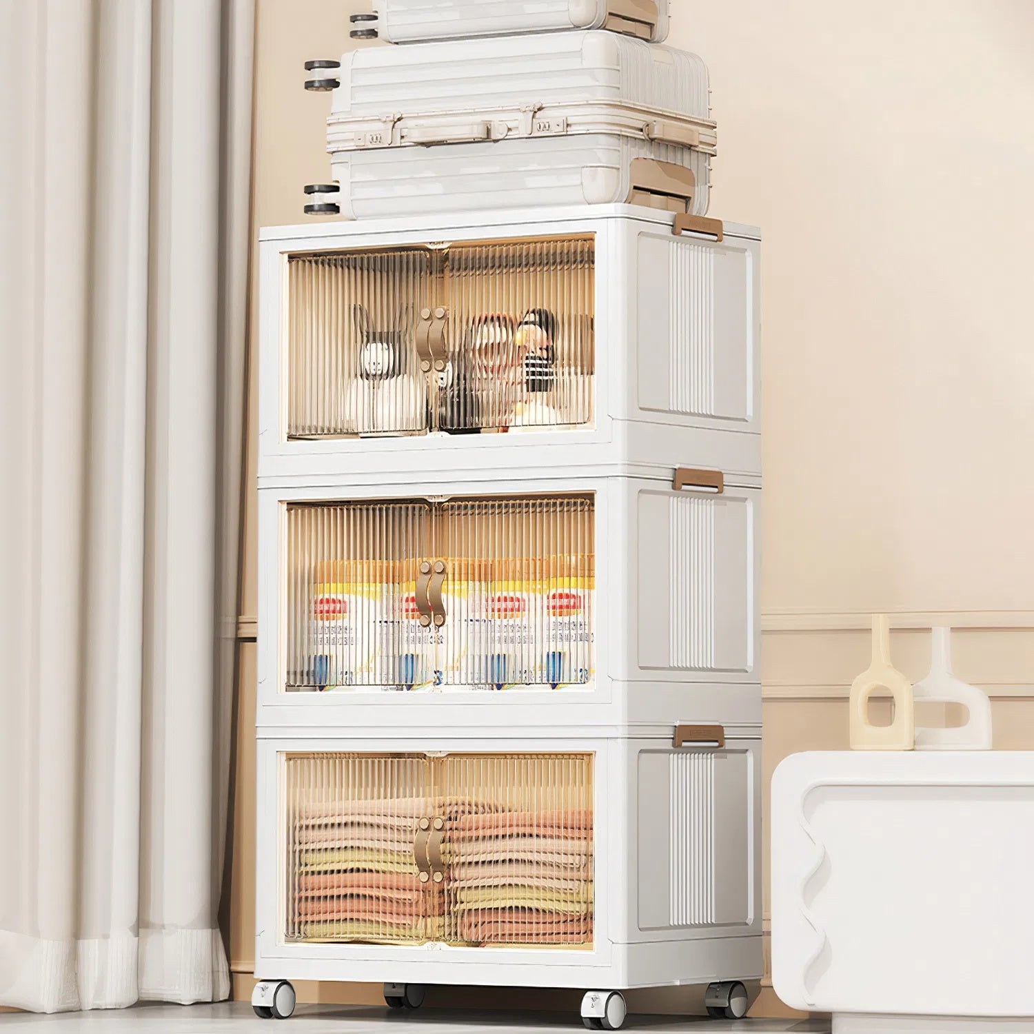 3Pcs Foldable Storage Bins With Lid Front Magnetic Door Collapsible Stackable Closet Organizer Containers With 4Pcs Rotatable Wheels 8Pcs Small Wheels