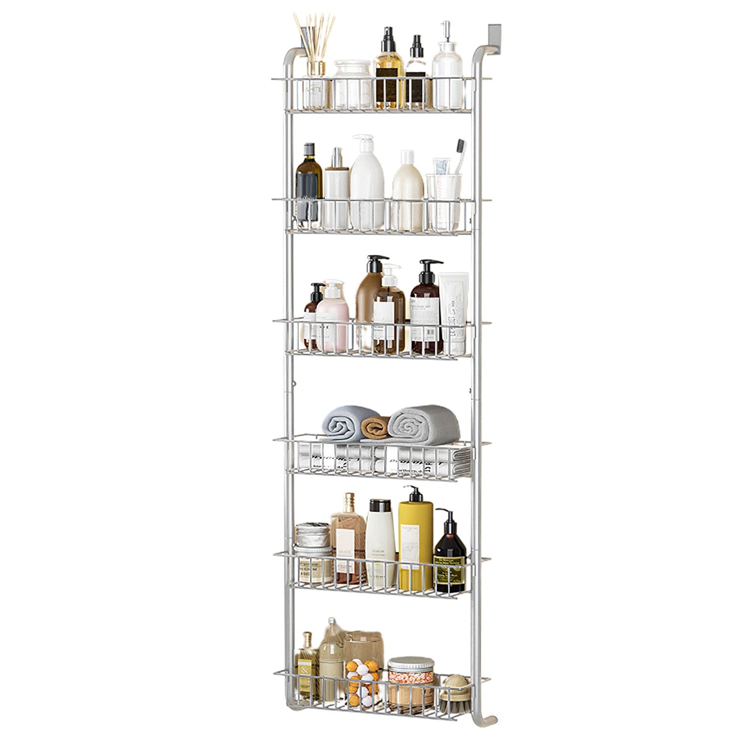 1Pc 6 Tier Over Door Pantry Organizer Hanging Hooks Door Storage Rack Carbon Steel Basket 62.99in Over Door Shelf For Kitchen Bathroom