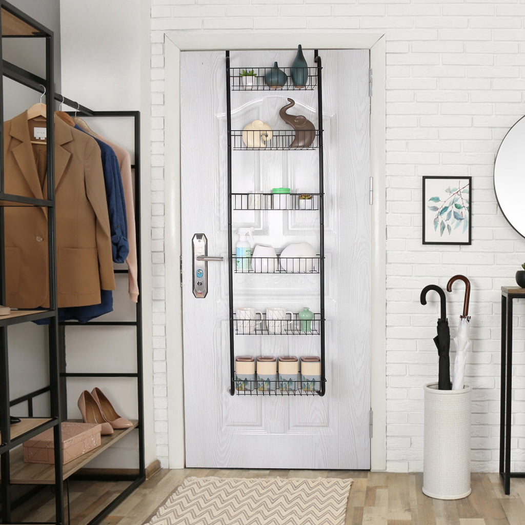 1Pc 6 Tier Over Door Pantry Organizer Hanging Hooks Door Storage Rack Carbon Steel Basket 62.99in Over Door Shelf For Kitchen Bathroom