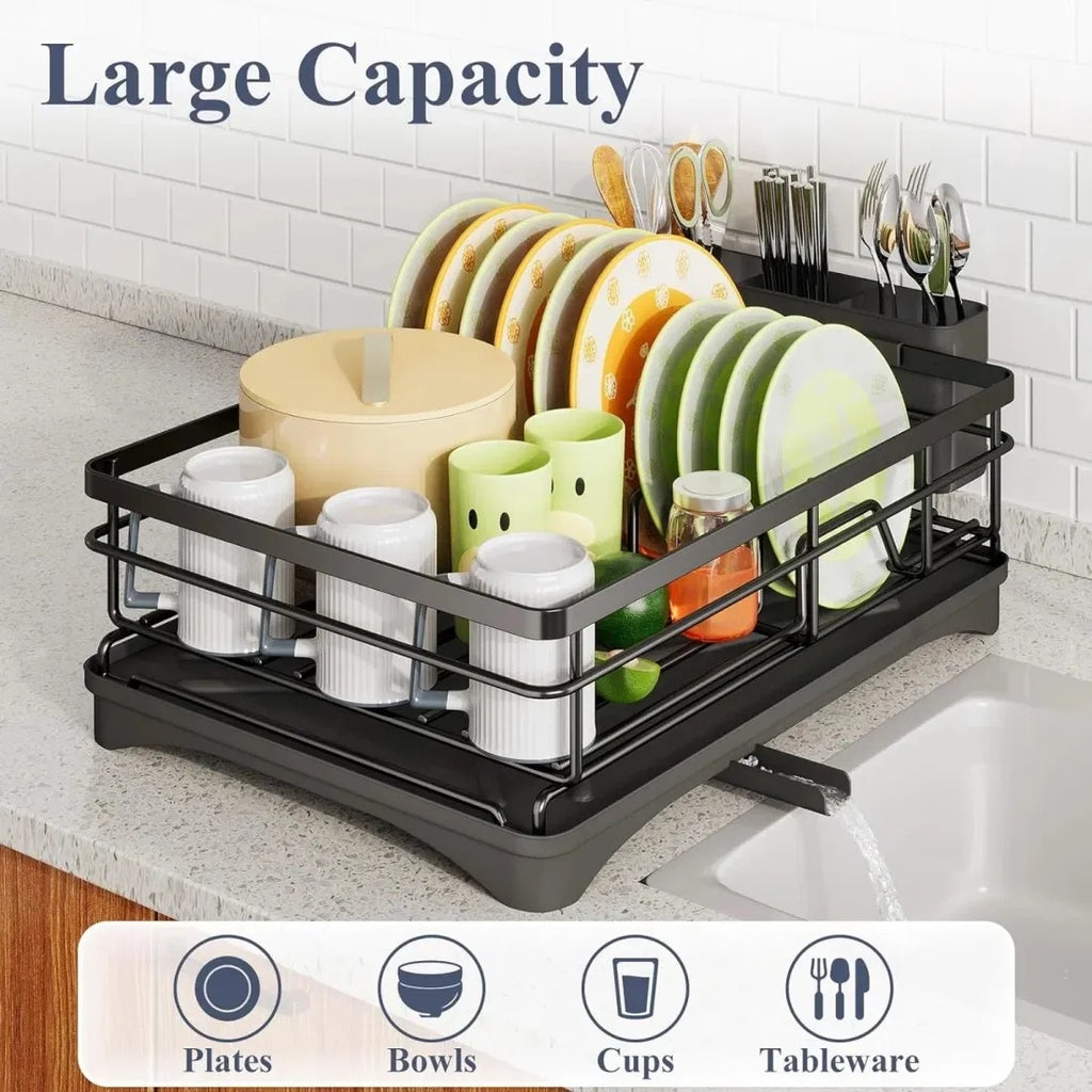 2 In Set Dish Drying Rack And Under Sink Organizer Rack, Large Dish Rack With Drainboard, 2 Tier Pull Out Cabinet Shelf For Kitchen Storage