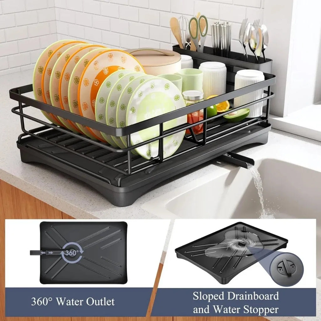 2 In Set Dish Drying Rack And Under Sink Organizer Rack, Large Dish Rack With Drainboard, 2 Tier Pull Out Cabinet Shelf For Kitchen Storage
