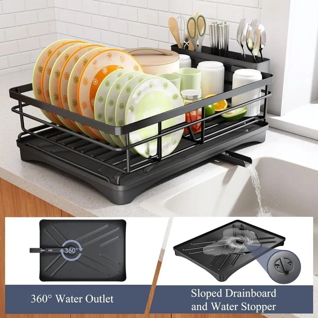 2 In Set Dish Drying Rack And Under Sink Organizer Rack, Large Dish Rack With Drainboard, 2 Tier Pull Out Cabinet Shelf For Kitchen Storage