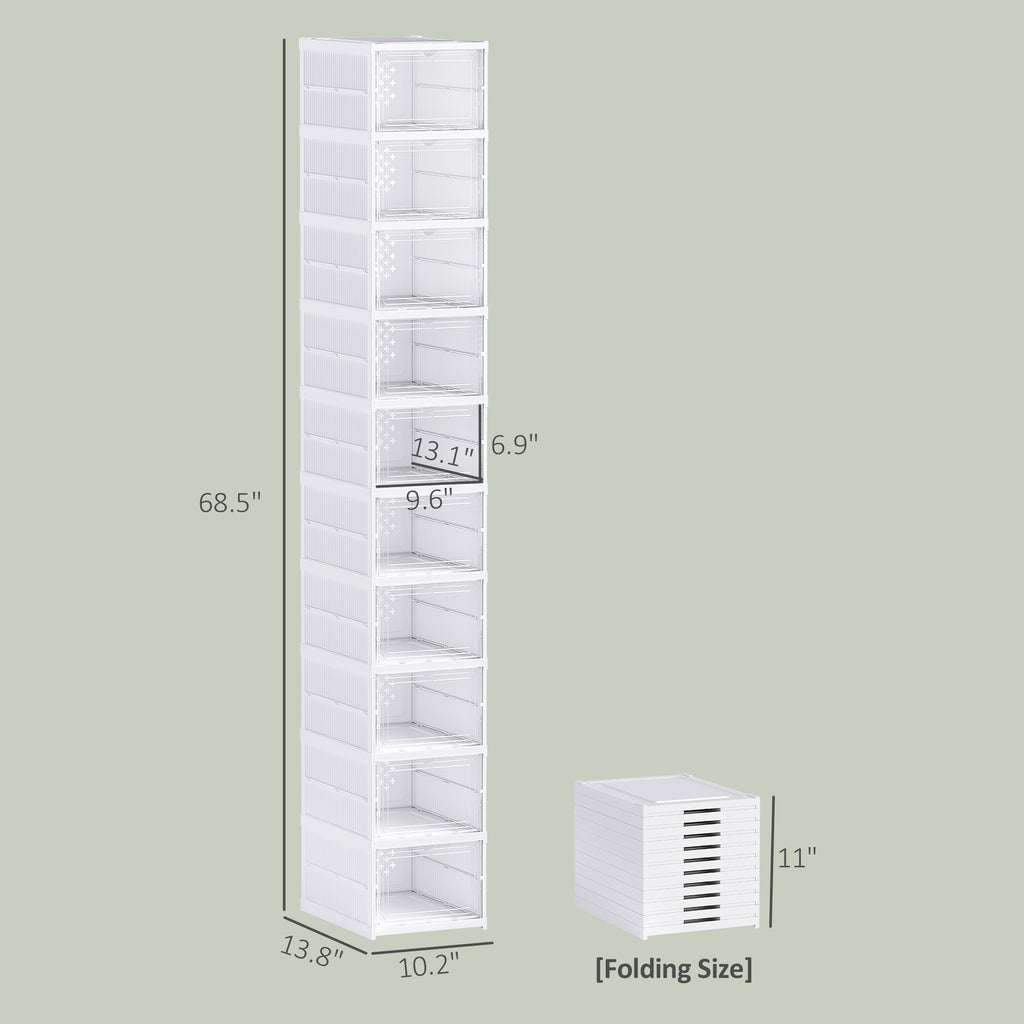 Stackable Plastic Shoe Boxes, 10 Pack Foldable Shoe Storage Boxes With Clear Door, No Assembly, Fit Size 10, White