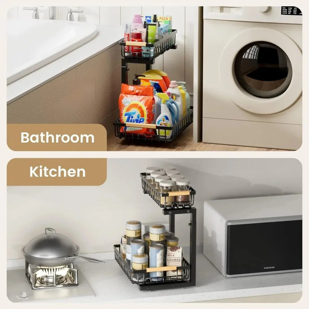 2 In Set Dish Drying Rack And Under Sink Organizer Rack, Large Dish Rack With Drainboard, 2 Tier Pull Out Cabinet Shelf For Kitchen Storage